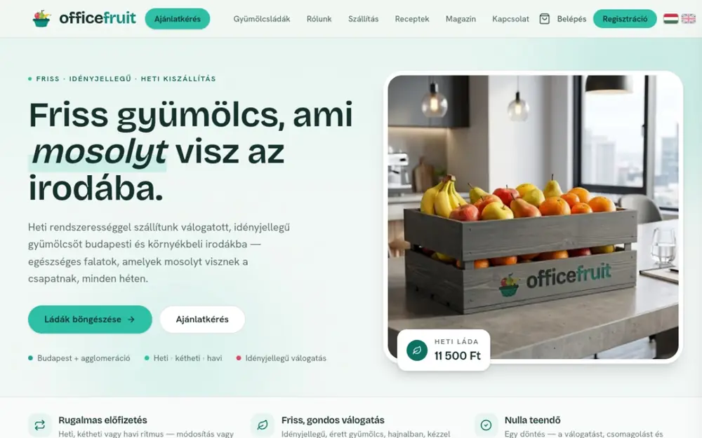 Irodai gyümölcs-előfizetés teljes webshoppal és automatizált kiszállítással
