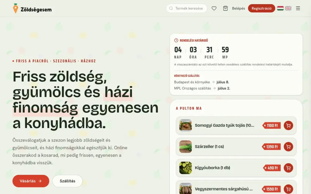 Szezonális zöldség-gyümölcs webshop, valós idejű rendelési határidővel